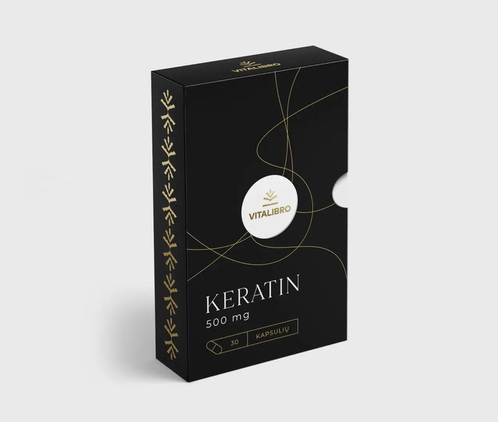 VITALIBRO Hidrolizuotas keratinas plaukams, nagams, odai KERATIN 500 MG, 30 kapsulių (mėnesiui)