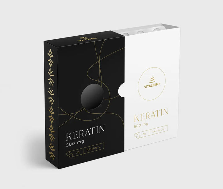 VITALIBRO Hidrolizuotas keratinas plaukams, nagams, odai KERATIN 500 MG, 30 kapsulių (mėnesiui)