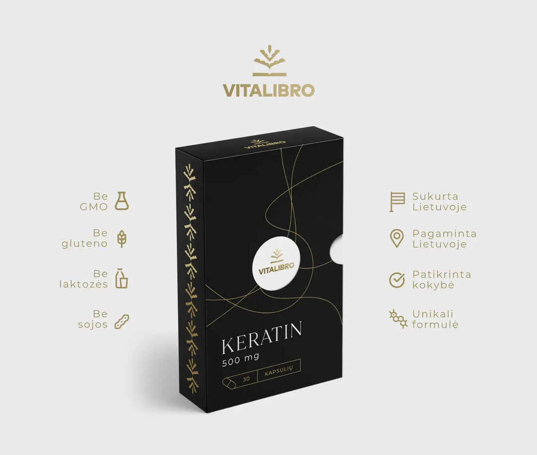 VITALIBRO Hidrolizuotas keratinas plaukams, nagams, odai KERATIN 500 MG, 30 kapsulių (mėnesiui)