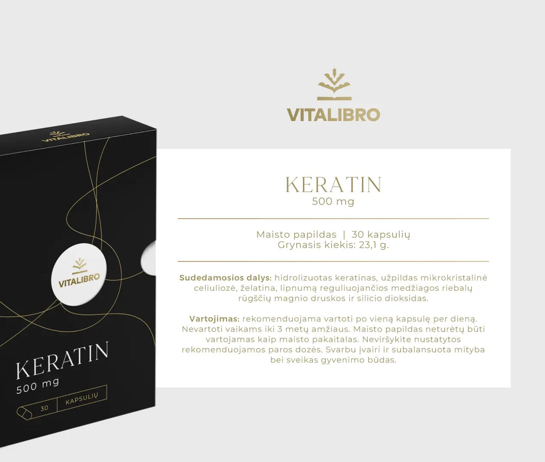 VITALIBRO Hidrolizuotas keratinas plaukams, nagams, odai KERATIN 500 MG, 30 kapsulių (mėnesiui)