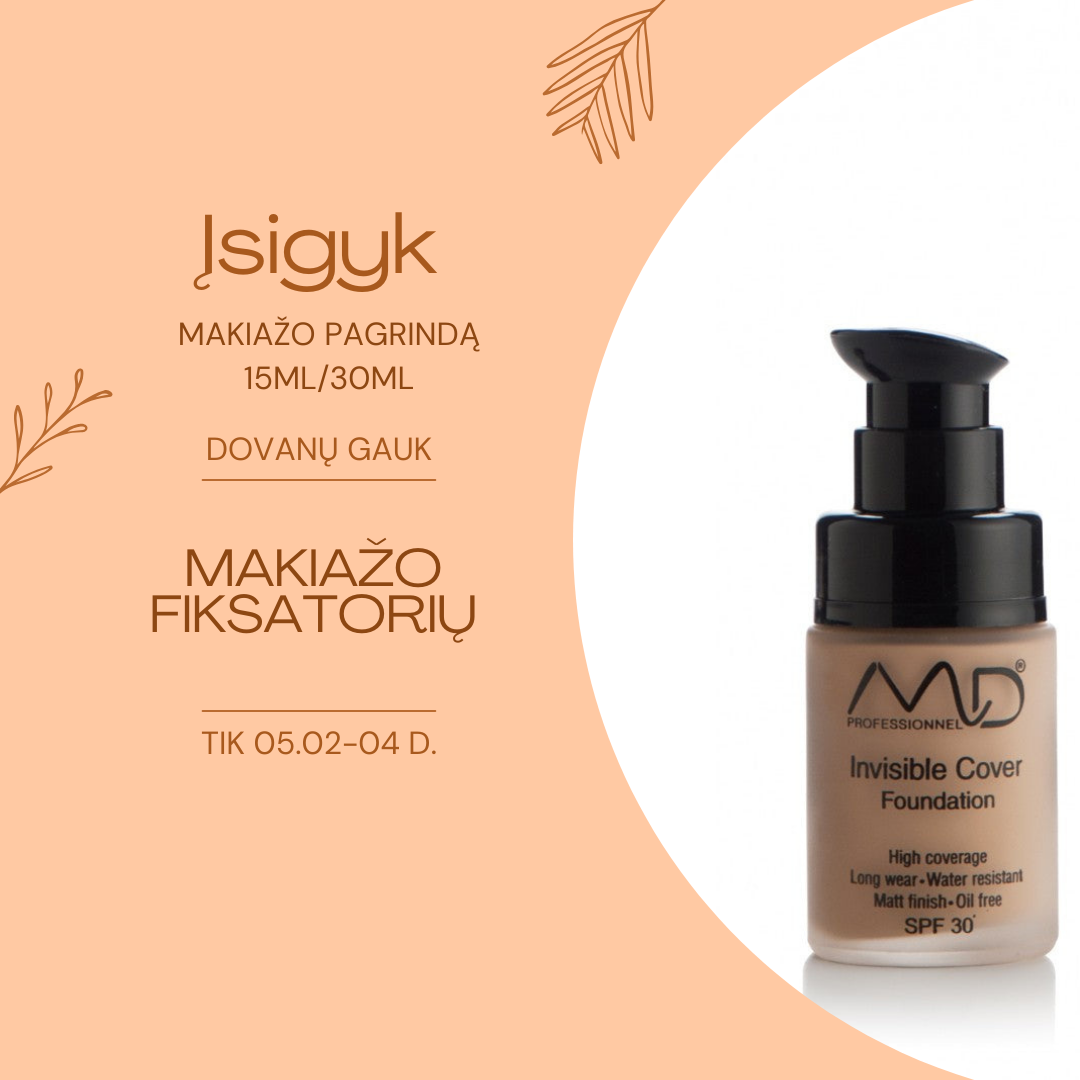 * MOON DEAL!!! MD PROFESSIONNEL makiažo pagrindas INVISIBLE COVER FOUNDATION, 15 ml/30 ml, įv. spalvų