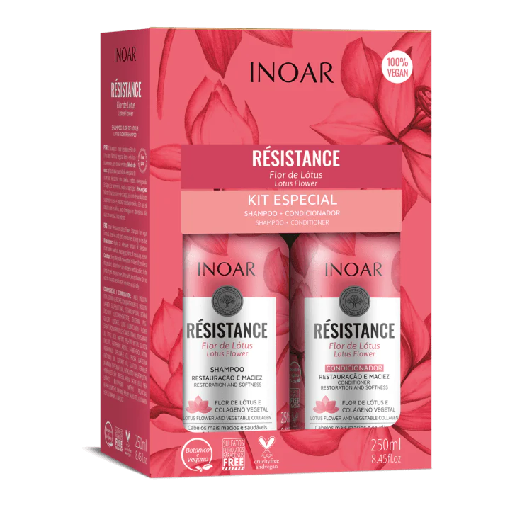 INOAR Resistance Flor de Lotus Duo Kit plaukus drėkinantis priemonių rinkinys, 2x250 ml - NudeMoon