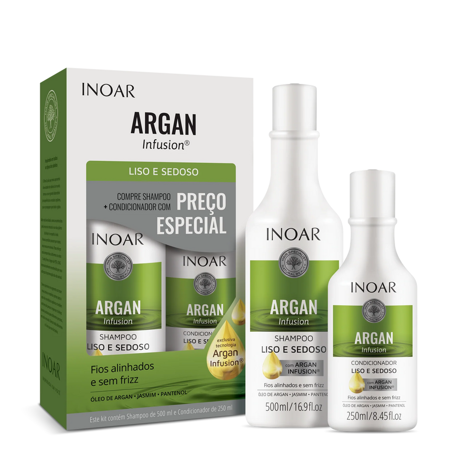 INOAR Argan Infusion Smooth and Silky glotnių ir švelnių plaukų rinkinys, 500 ml+250 ml - NudeMoon