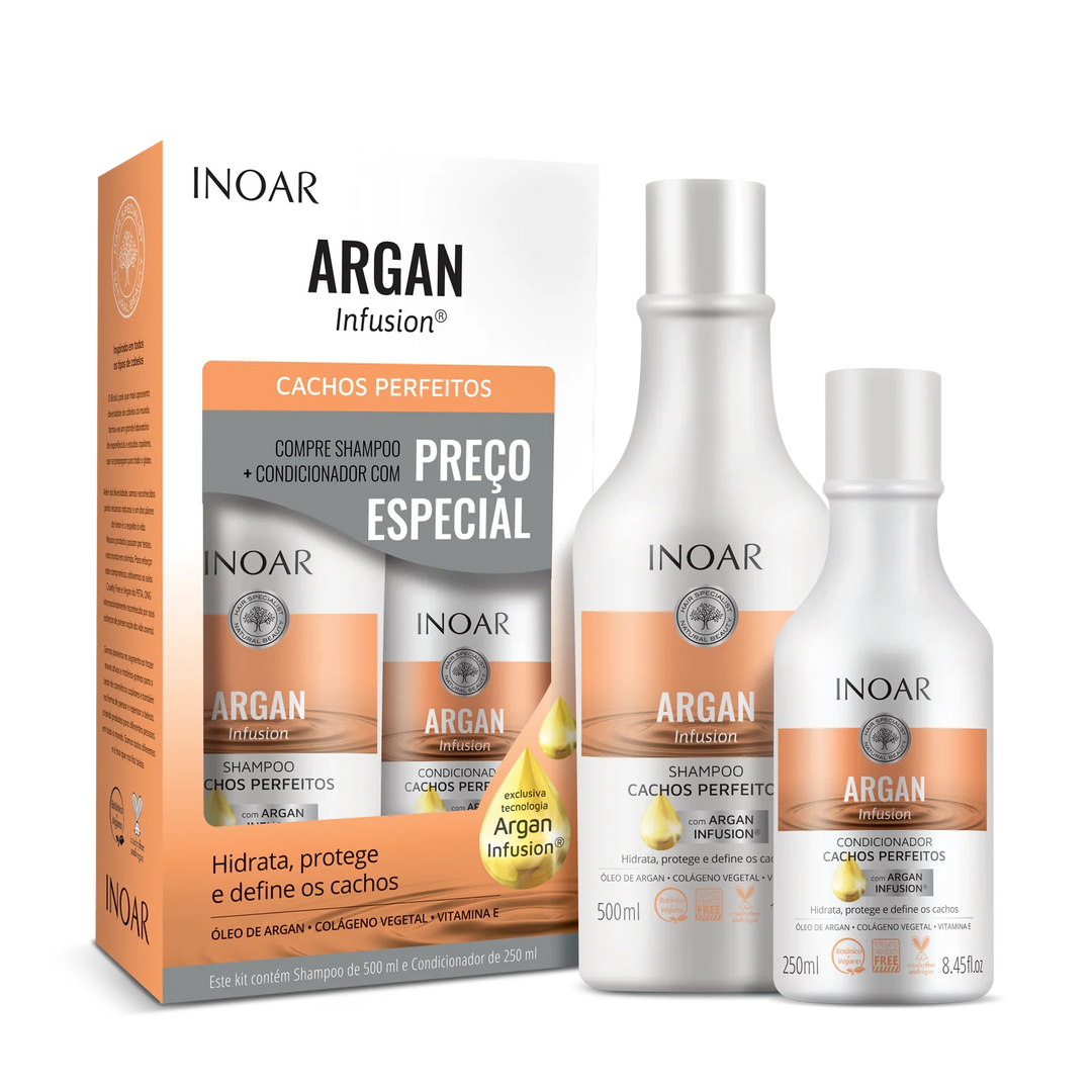 INOAR Argan Infusion Perfect Curls banguotų ir garbanotų plaukų rinkinys, 500 ml+250 ml - NudeMoon